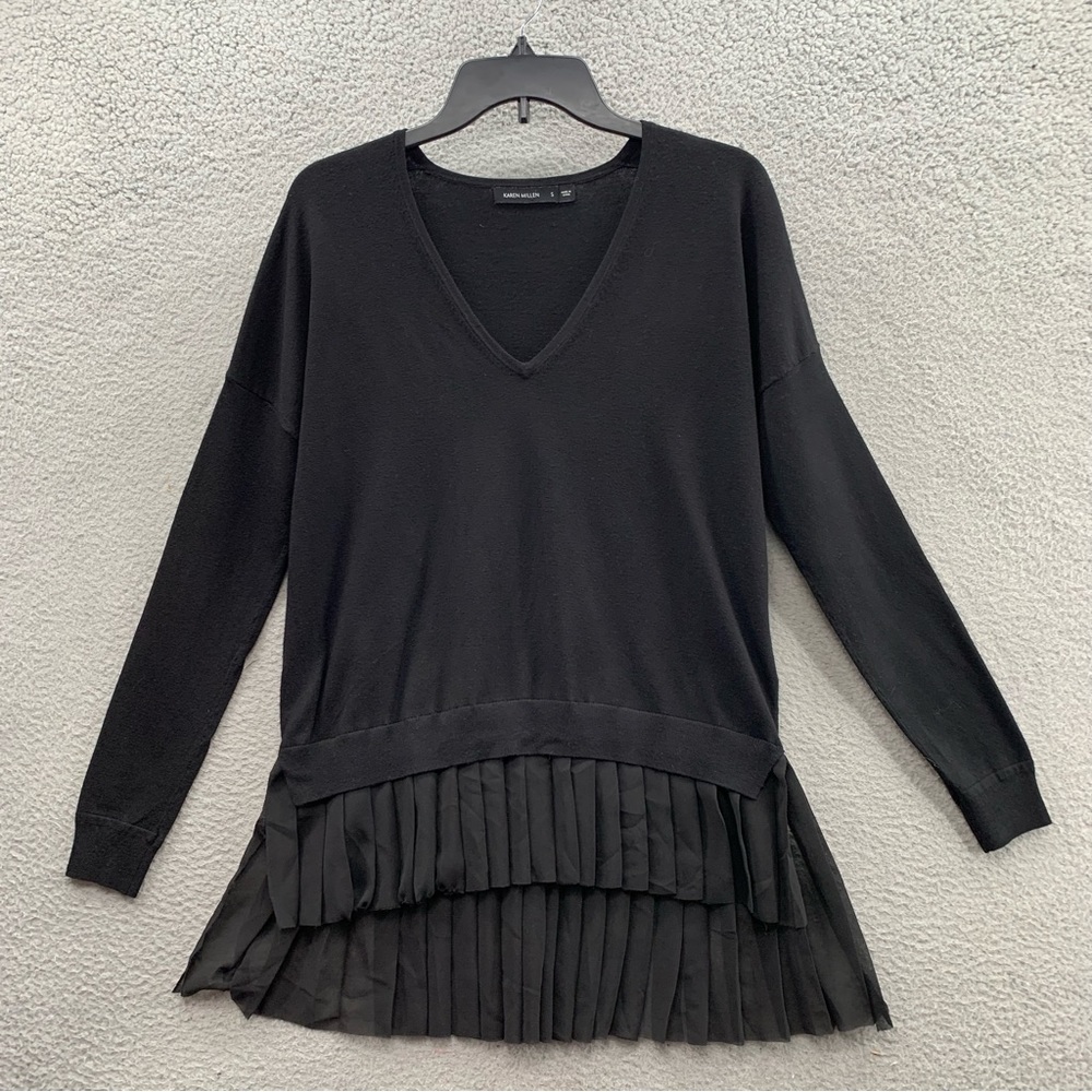 Karen Millen Women’s Black Mixed Knit V-Neck Pleated Sheer Hem Sweater Top S